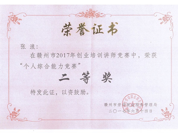 张浪荣誉证书